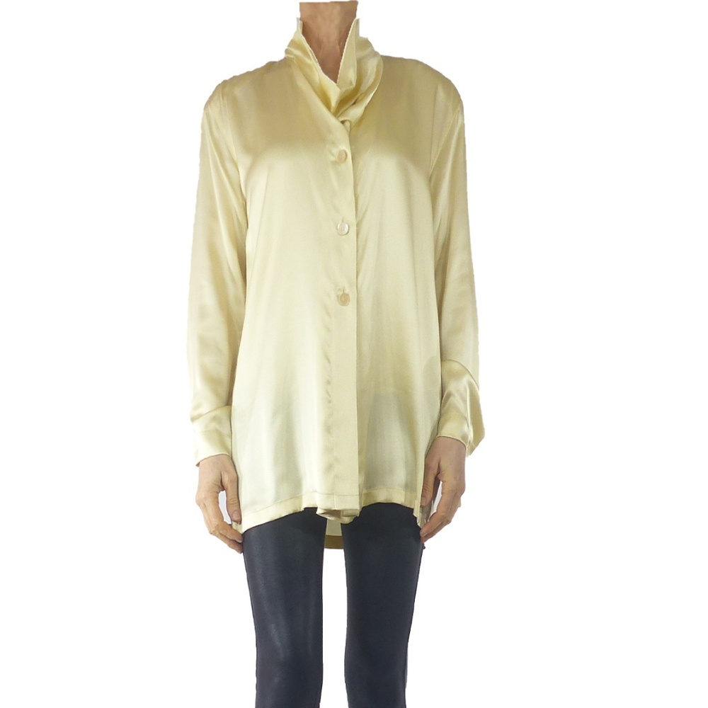 Escada Solid Gold Tone Silk Blouse, Sz 8